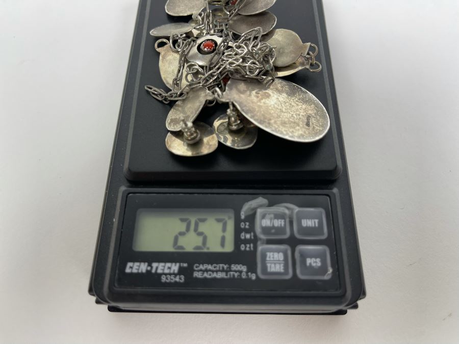 Native American Sterling Silver Coral 18' Necklace With Matching 7' Bracelet And Earrings 25.7g [Photo 15]