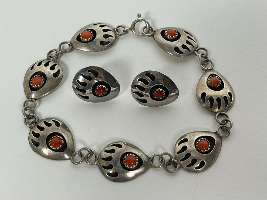 Native American Sterling Silver Coral 18' Necklace With Matching 7' Bracelet And Earrings 25.7g [Photo 9]