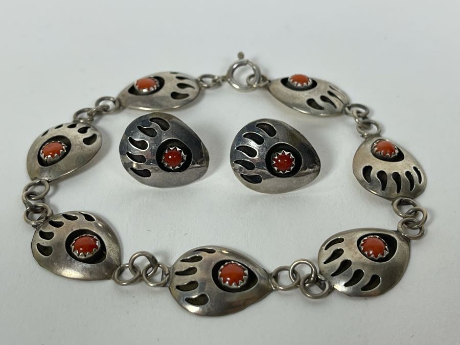 Native American Sterling Silver Coral 18' Necklace With Matching 7' Bracelet And Earrings 25.7g [Photo 8]