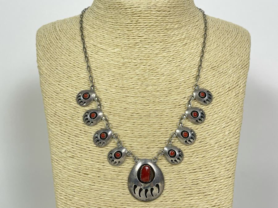 Native American Sterling Silver Coral 18' Necklace With Matching 7' Bracelet And Earrings 25.7g [Photo 2]