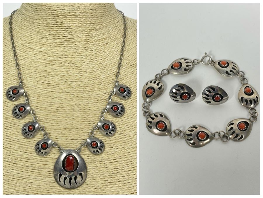 Native American Sterling Silver Coral 18' Necklace With Matching 7' Bracelet And Earrings 25.7g [Photo 1]