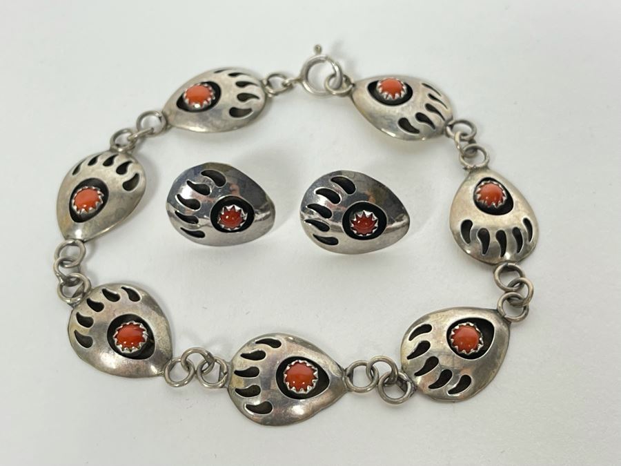 Native American Sterling Silver Coral 18' Necklace With Matching 7' Bracelet And Earrings 25.7g [Photo 10]