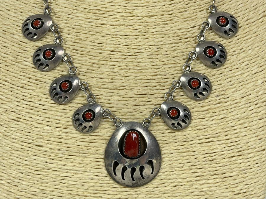 Native American Sterling Silver Coral 18' Necklace With Matching 7' Bracelet And Earrings 25.7g [Photo 4]