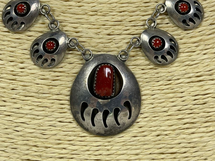 Native American Sterling Silver Coral 18' Necklace With Matching 7' Bracelet And Earrings 25.7g [Photo 5]