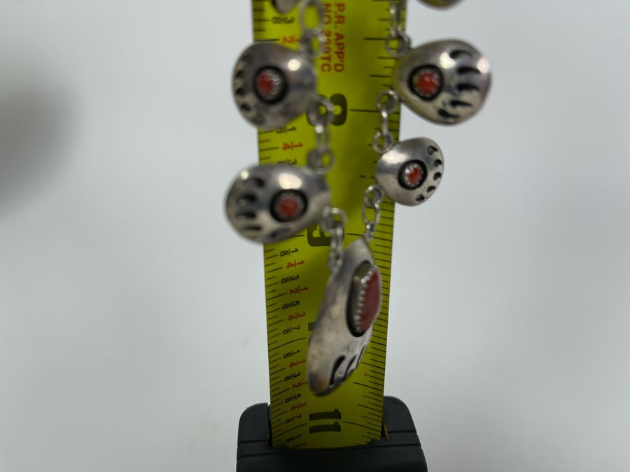 Native American Sterling Silver Coral 18' Necklace With Matching 7' Bracelet And Earrings 25.7g [Photo 12]