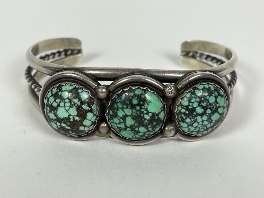 Native American Sterling Silver Turquoise Cuff Bangle 2.5W 43.4g