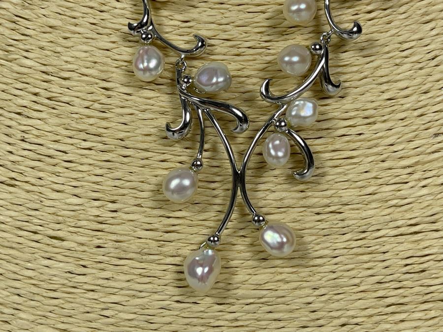 Sterling Silver Pearl 18' Necklace With Matching Earrings 27.9g [Photo 5]