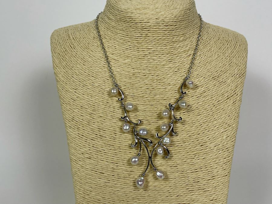 Sterling Silver Pearl 18' Necklace With Matching Earrings 27.9g [Photo 3]
