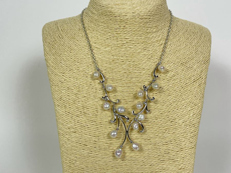 Sterling Silver Pearl 18' Necklace With Matching Earrings 27.9g [Photo 2]