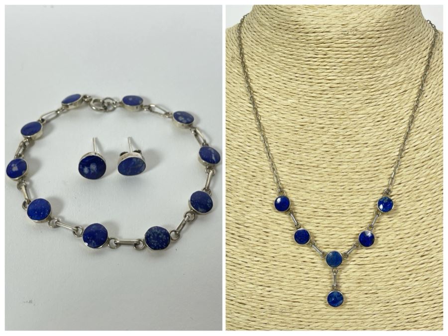 Sterling Silver Lapis Lazuli 18' Necklace With Matching 7' Bracelet And Earrings 12g