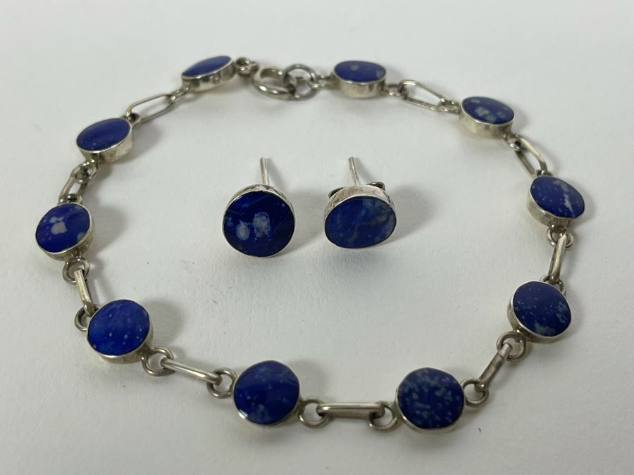 Sterling Silver Lapis Lazuli 18' Necklace With Matching 7' Bracelet And Earrings 12g [Photo 8]