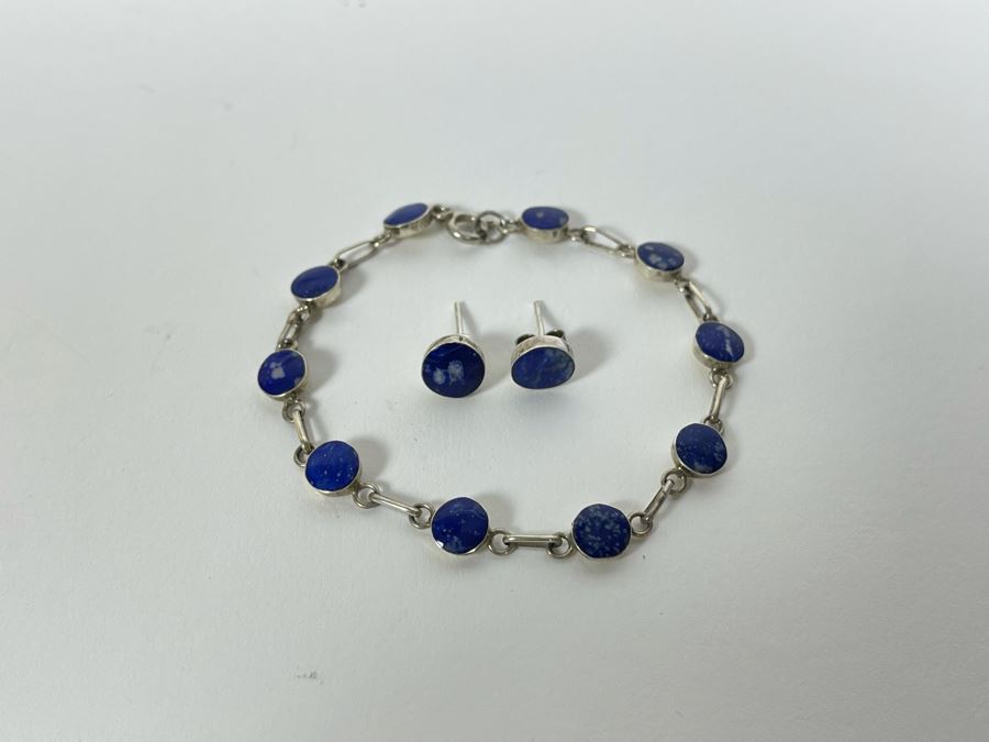 Sterling Silver Lapis Lazuli 18' Necklace With Matching 7' Bracelet And Earrings 12g [Photo 7]