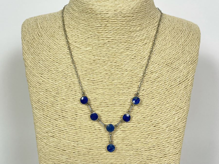 Sterling Silver Lapis Lazuli 18' Necklace With Matching 7' Bracelet And Earrings 12g [Photo 3]