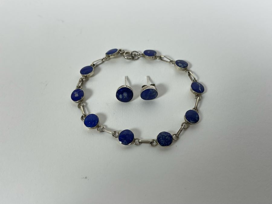 Sterling Silver Lapis Lazuli 18' Necklace With Matching 7' Bracelet And Earrings 12g [Photo 6]