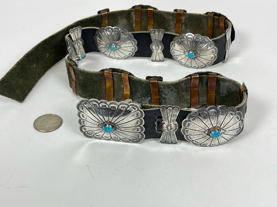 Native American Sterling Silver Turquoise Concho Belt 32'-34' 226.8g [Photo 18]