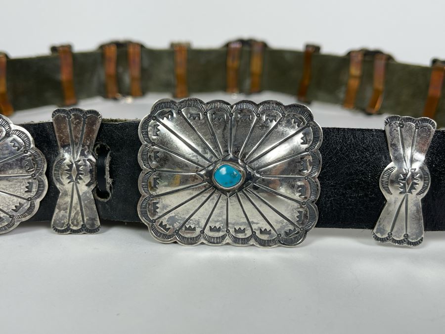 Native American Sterling Silver Turquoise Concho Belt 32'-34' 226.8g [Photo 2]