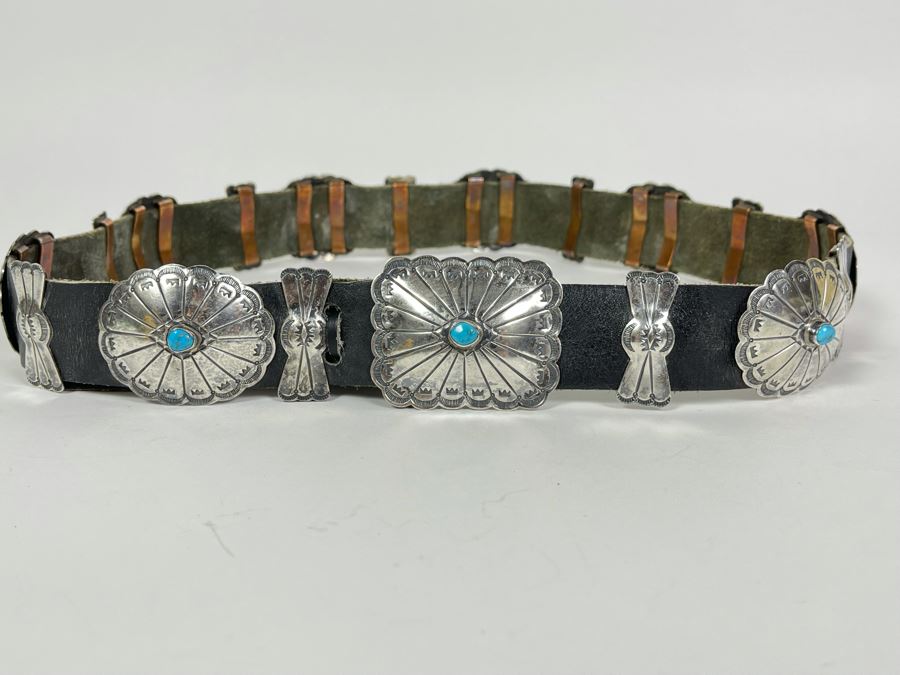Native American Sterling Silver Turquoise Concho Belt 32'-34' 226.8g