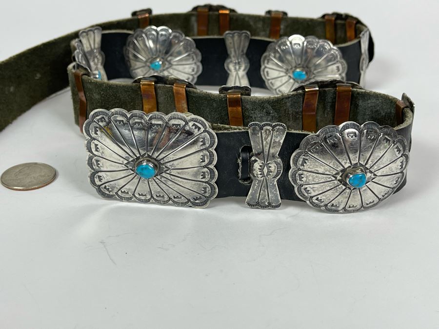 Native American Sterling Silver Turquoise Concho Belt 32'-34' 226.8g [Photo 16]