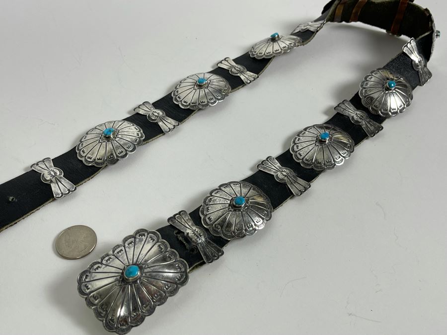 Native American Sterling Silver Turquoise Concho Belt 32'-34' 226.8g [Photo 12]