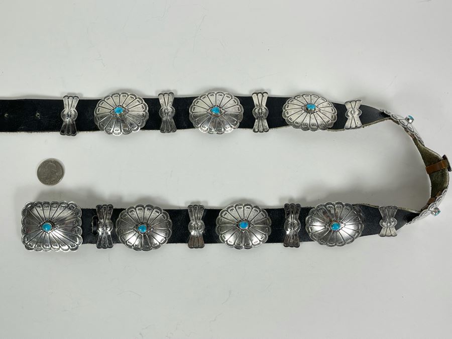 Native American Sterling Silver Turquoise Concho Belt 32'-34' 226.8g [Photo 9]