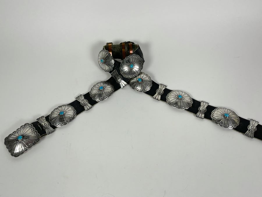 Native American Sterling Silver Turquoise Concho Belt 32'-34' 226.8g [Photo 8]