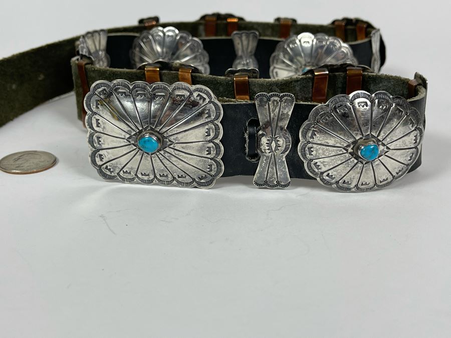 Native American Sterling Silver Turquoise Concho Belt 32'-34' 226.8g [Photo 17]