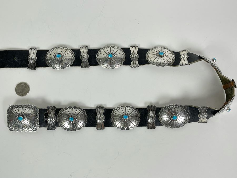 Native American Sterling Silver Turquoise Concho Belt 32'-34' 226.8g [Photo 10]