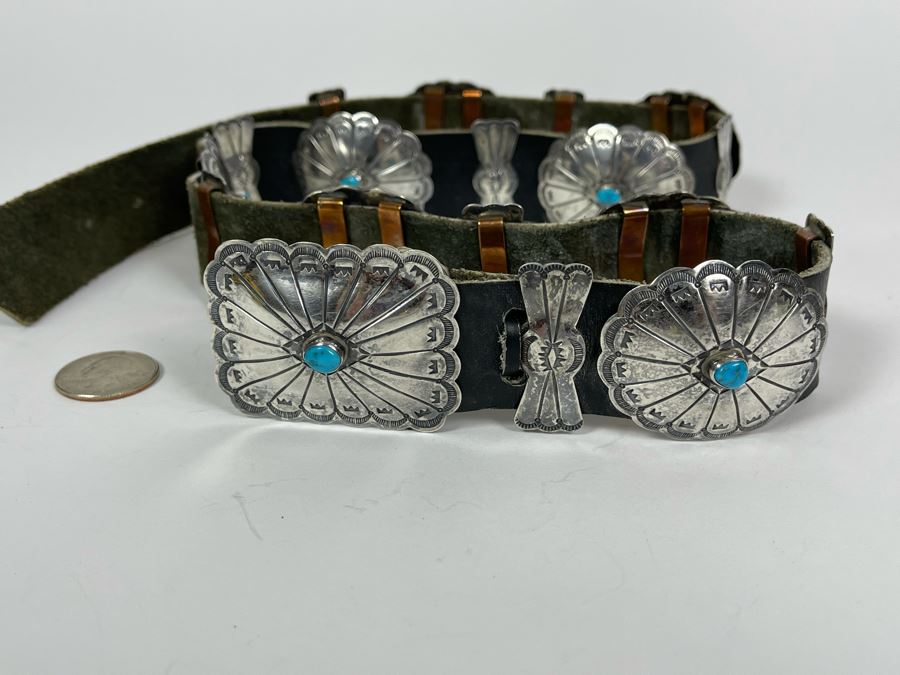 Native American Sterling Silver Turquoise Concho Belt 32'-34' 226.8g [Photo 14]