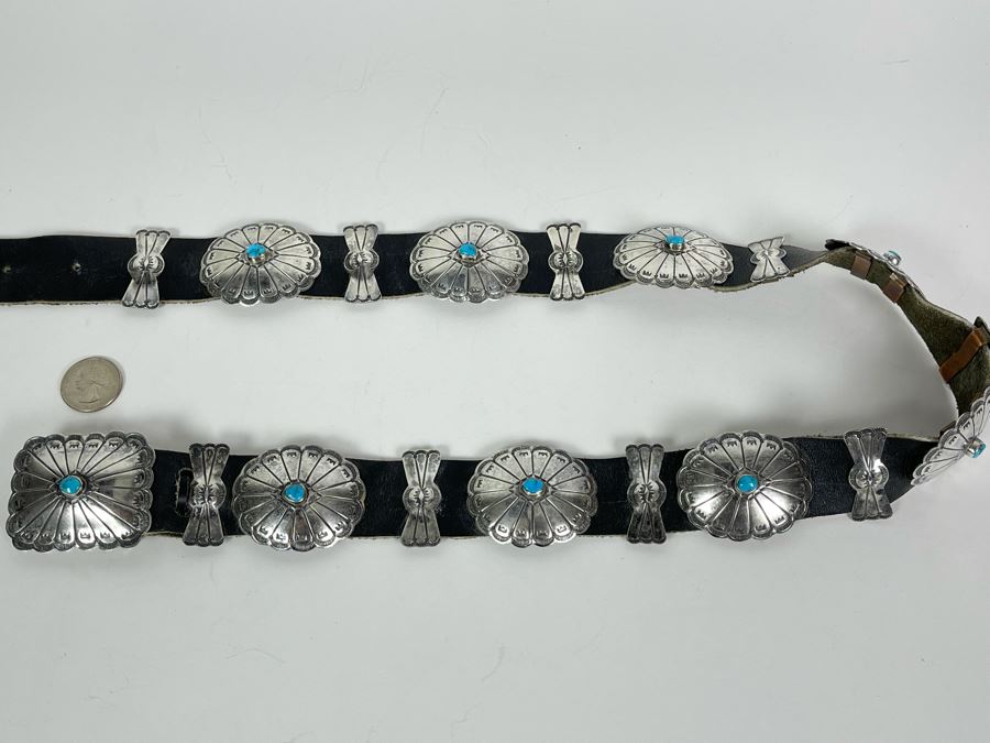 Native American Sterling Silver Turquoise Concho Belt 32'-34' 226.8g [Photo 11]