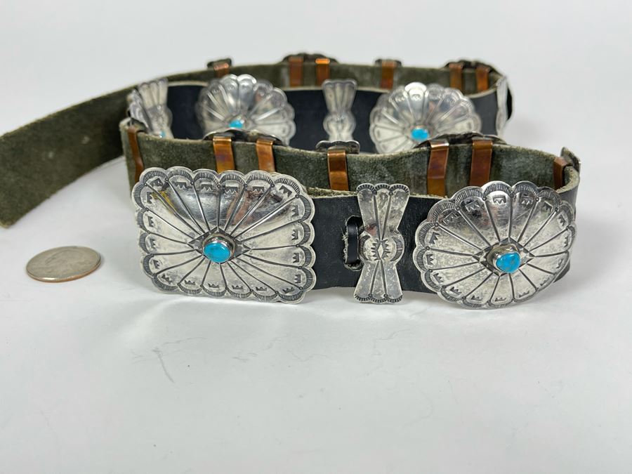 Native American Sterling Silver Turquoise Concho Belt 32'-34' 226.8g [Photo 15]
