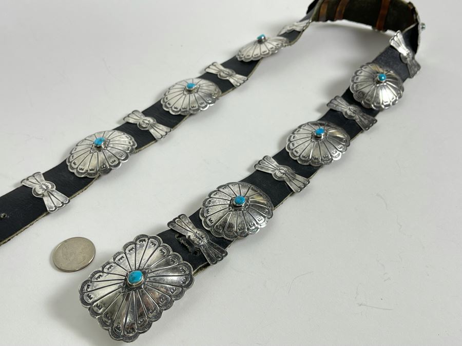 Native American Sterling Silver Turquoise Concho Belt 32'-34' 226.8g [Photo 13]