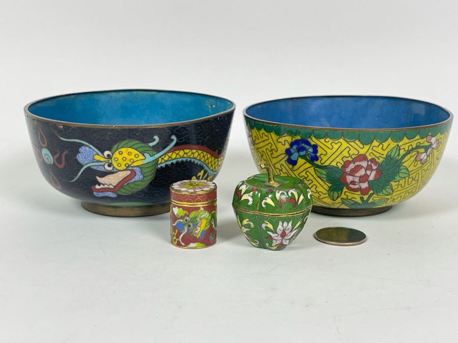 Pair Of Chinese Cloisonne Bowls And Pair Of Small Chinese Cloisonne Boxes