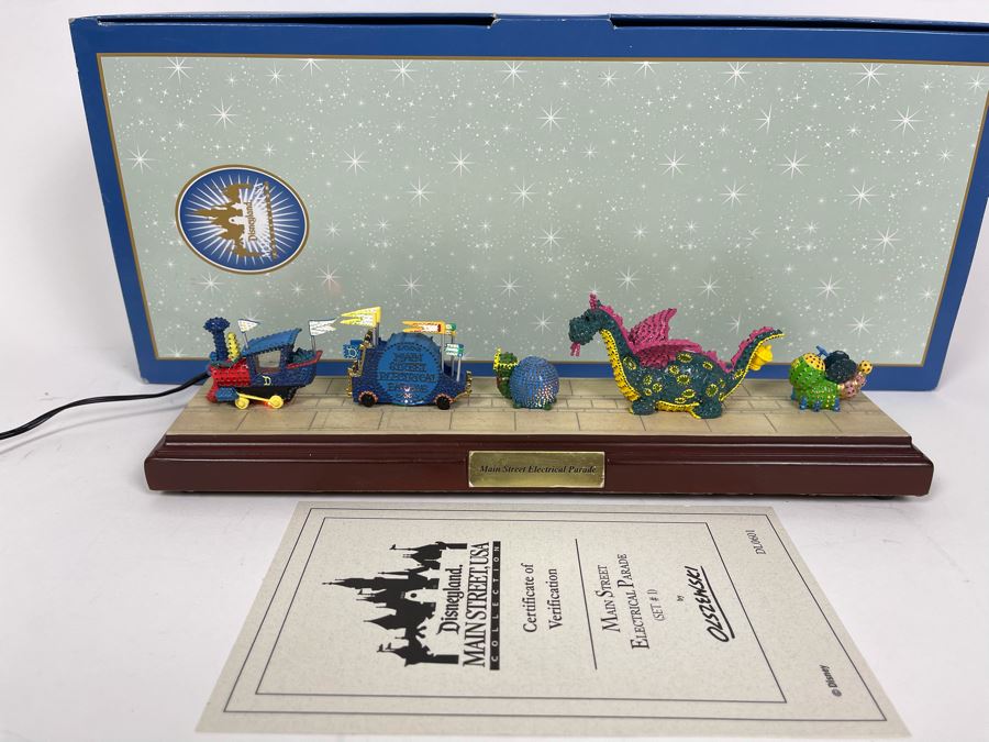 HAND SIGNED Robert Olszewski Disneyland Main Street, USA Collection: Main Street Electrical Parade (Set #1) By Robert Olszewski Disney Theme Park Attraction Miniature Model With Box And COA 12W X 2.75D X 3H DL0601 (Double Signed)
