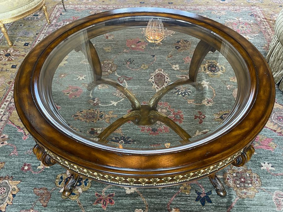 Stunning 4.5' Round Coffee Table With Gilt Brass Ormolu Mounts Glass Top Considered To Be Maitland-Smith 24.5'H [Photo 6]