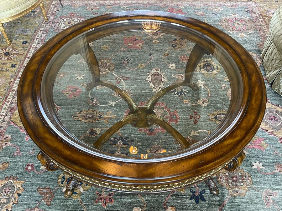 Stunning 4.5' Round Coffee Table With Gilt Brass Ormolu Mounts Glass Top Considered To Be Maitland-Smith 24.5'H [Photo 7]