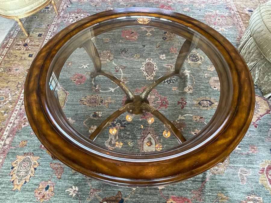Stunning 4.5' Round Coffee Table With Gilt Brass Ormolu Mounts Glass Top Considered To Be Maitland-Smith 24.5'H [Photo 18]