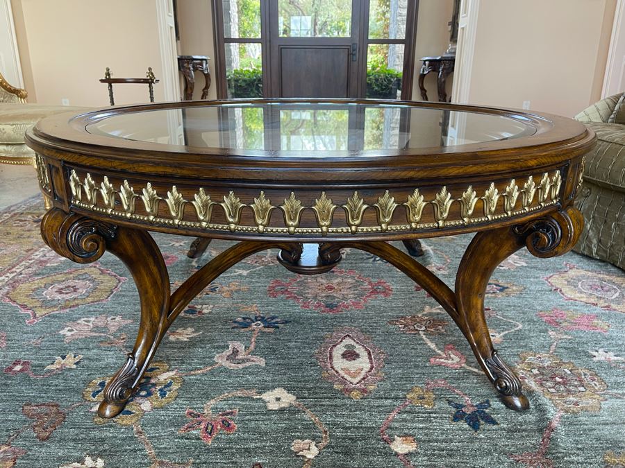 Stunning 4.5' Round Coffee Table With Gilt Brass Ormolu Mounts Glass Top Considered To Be Maitland-Smith 24.5'H [Photo 1]