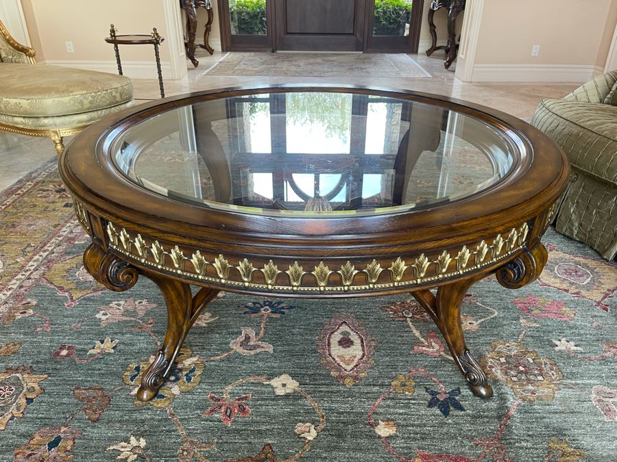 Stunning 4.5' Round Coffee Table With Gilt Brass Ormolu Mounts Glass Top Considered To Be Maitland-Smith 24.5'H [Photo 2]