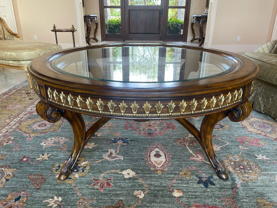 Stunning 4.5' Round Coffee Table With Gilt Brass Ormolu Mounts Glass Top Considered To Be Maitland-Smith 24.5'H [Photo 3]