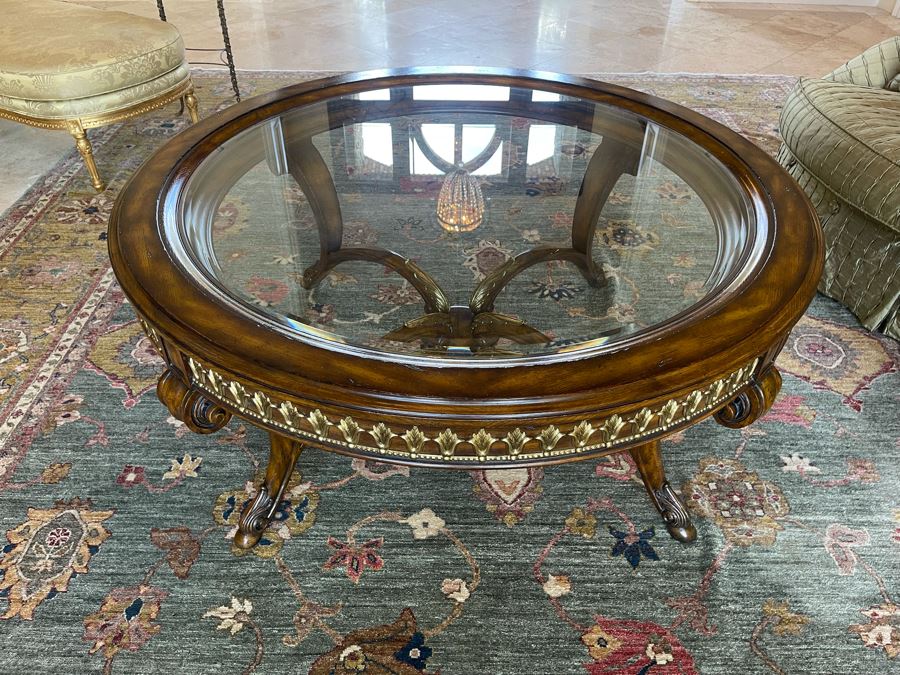 Stunning 4.5' Round Coffee Table With Gilt Brass Ormolu Mounts Glass Top Considered To Be Maitland-Smith 24.5'H [Photo 4]