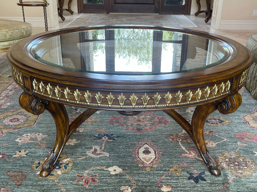 Stunning 4.5' Round Coffee Table With Gilt Brass Ormolu Mounts Glass Top Considered To Be Maitland-Smith 24.5'H [Photo 9]