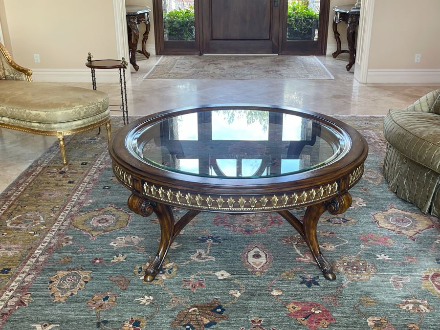 Stunning 4.5' Round Coffee Table With Gilt Brass Ormolu Mounts Glass Top Considered To Be Maitland-Smith 24.5'H [Photo 8]