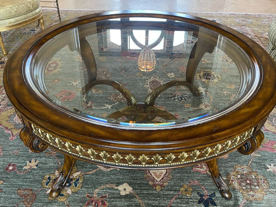 Stunning 4.5' Round Coffee Table With Gilt Brass Ormolu Mounts Glass Top Considered To Be Maitland-Smith 24.5'H [Photo 5]