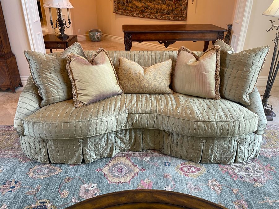 The Henredon Upholstery Collection Curved Sofa With Throw Pillows 8'W X 46'D X 34'H [Photo 1]