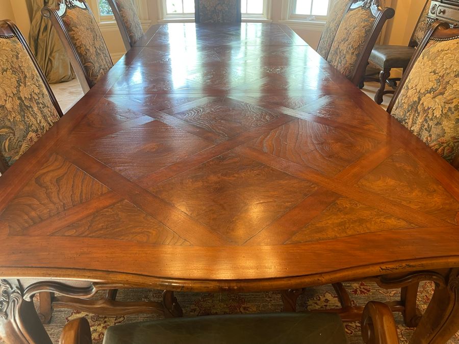 Stunning Henredon Furniture Formal Wooden Parquetry Dining Table With Ten Henredon Formal Dining Chairs 90'L (W/O Leaves) X 52'W - Comes With Two 22' Leaves - Total Length With Leaves 11' 2' [Photo 12]