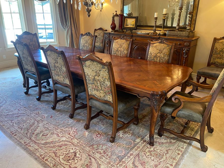 Stunning Henredon Furniture Formal Wooden Parquetry Dining Table With Ten Henredon Formal Dining Chairs 90'L (W/O Leaves) X 52'W - Comes With Two 22' Leaves - Total Length With Leaves 11' 2' [Photo 4]