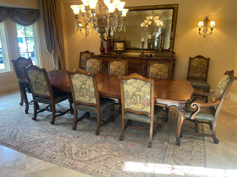 Stunning Henredon Furniture Formal Wooden Parquetry Dining Table With Ten Henredon Formal Dining Chairs 90'L (W/O Leaves) X 52'W - Comes With Two 22' Leaves - Total Length With Leaves 11' 2' [Photo 10]