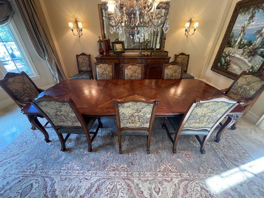 Stunning Henredon Furniture Formal Wooden Parquetry Dining Table With Ten Henredon Formal Dining Chairs 90'L (W/O Leaves) X 52'W - Comes With Two 22' Leaves - Total Length With Leaves 11' 2' [Photo 23]