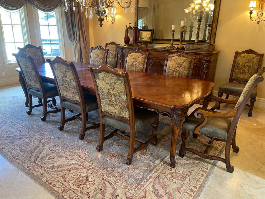 Stunning Henredon Furniture Formal Wooden Parquetry Dining Table With Ten Henredon Formal Dining Chairs 90'L (W/O Leaves) X 52'W - Comes With Two 22' Leaves - Total Length With Leaves 11' 2' [Photo 3]
