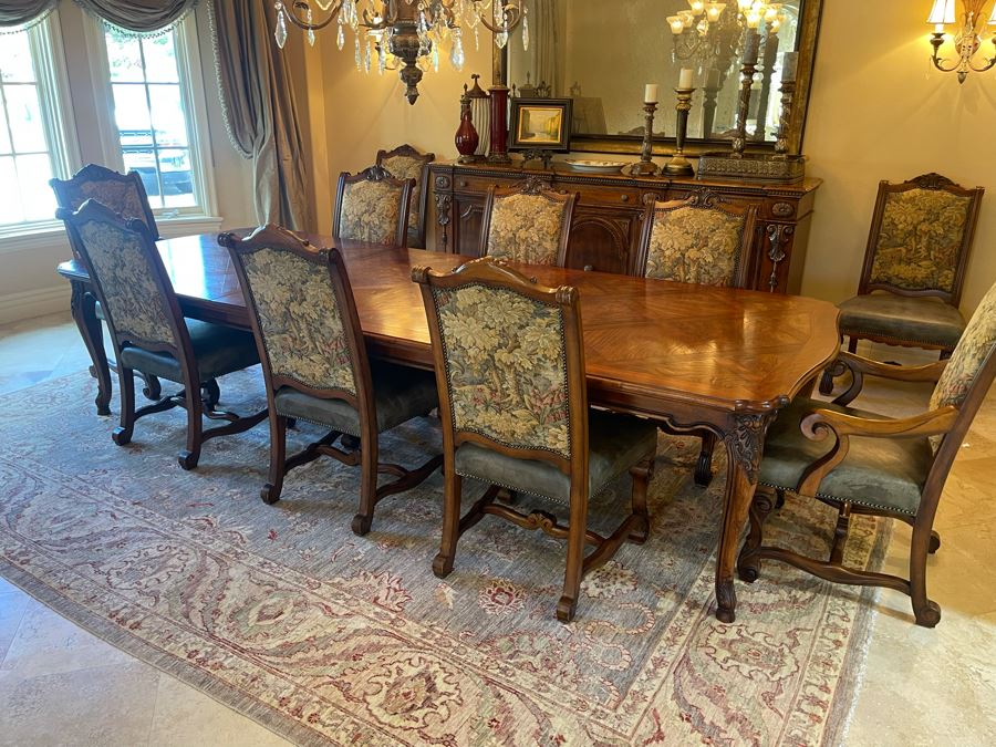 Stunning Henredon Furniture Formal Wooden Parquetry Dining Table With Ten Henredon Formal Dining Chairs 90'L (W/O Leaves) X 52'W - Comes With Two 22' Leaves - Total Length With Leaves 11' 2' [Photo 7]